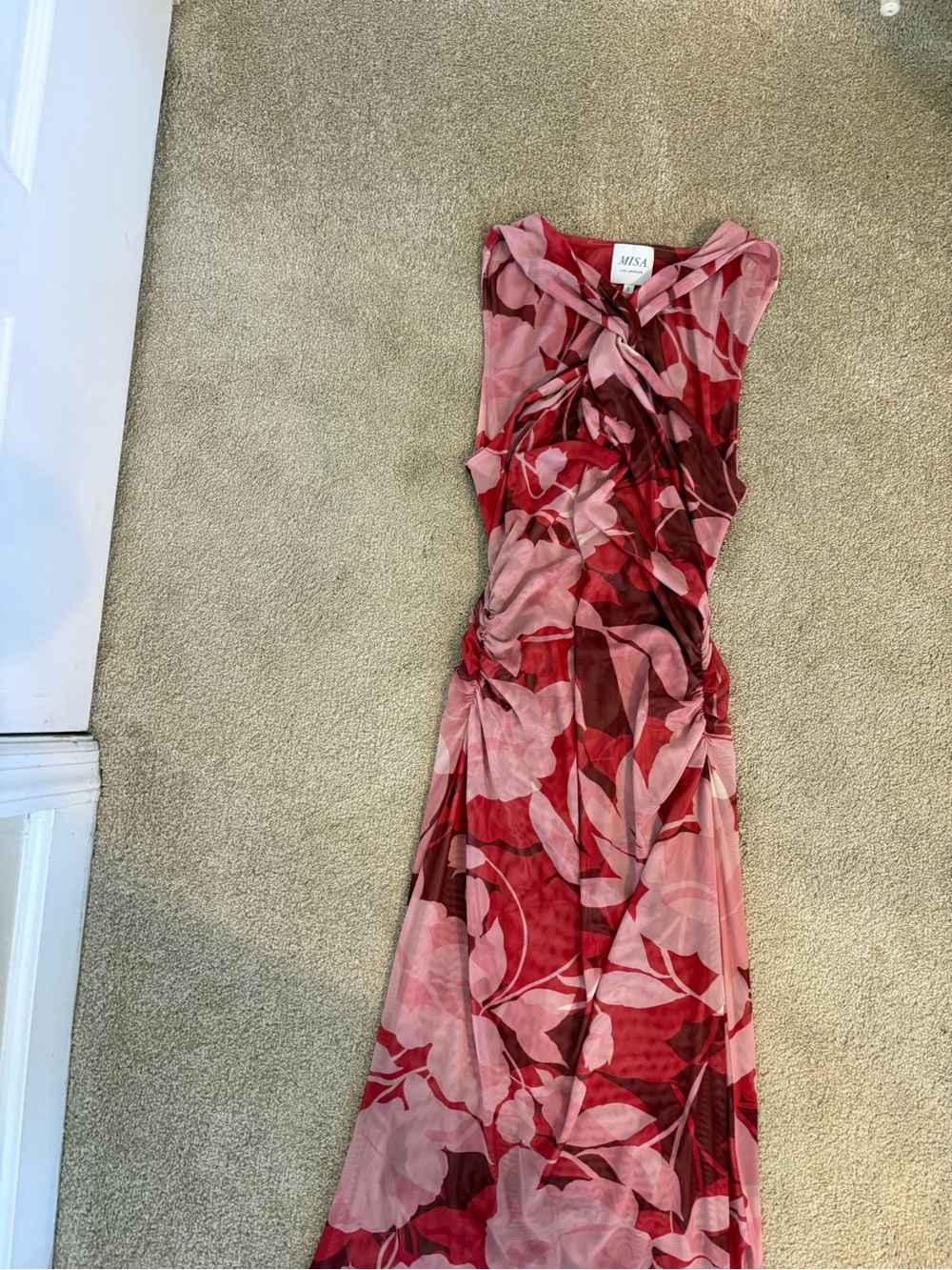 Misa Los Angeles Pink and Red Floral Twist-Front Maxi Dress